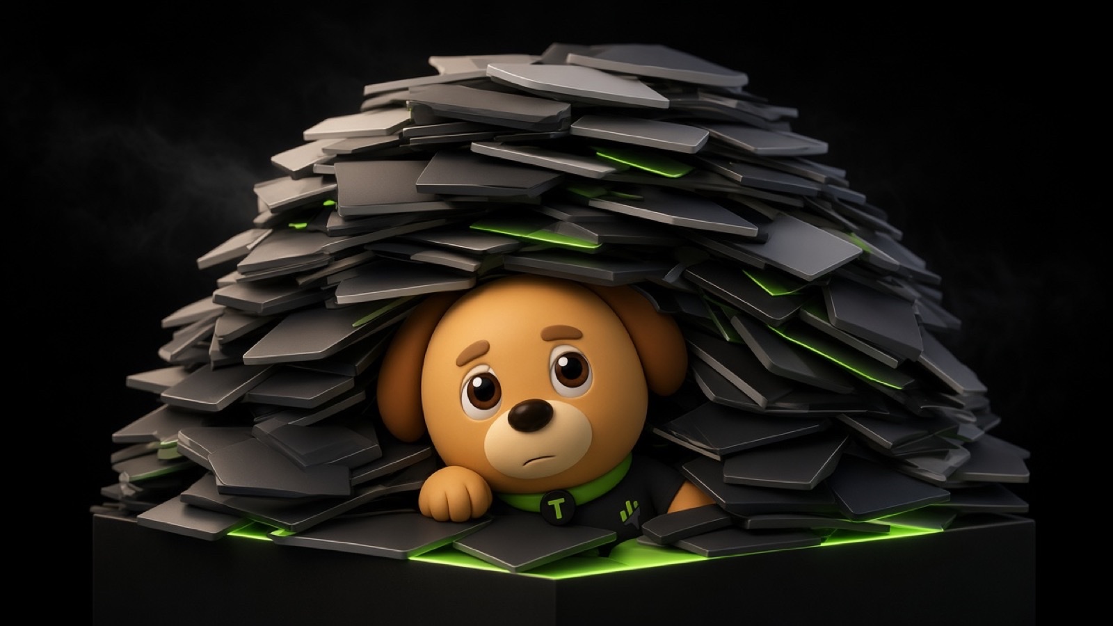 Milo＊ half-buried under a pile of unlit grey content cards with a thin lime-green glow escaping, representing a good product buried by the market