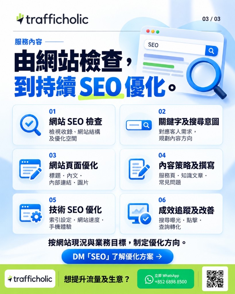 Six service areas: audit, keywords and intent, on-page, content, technical SEO, and tracking