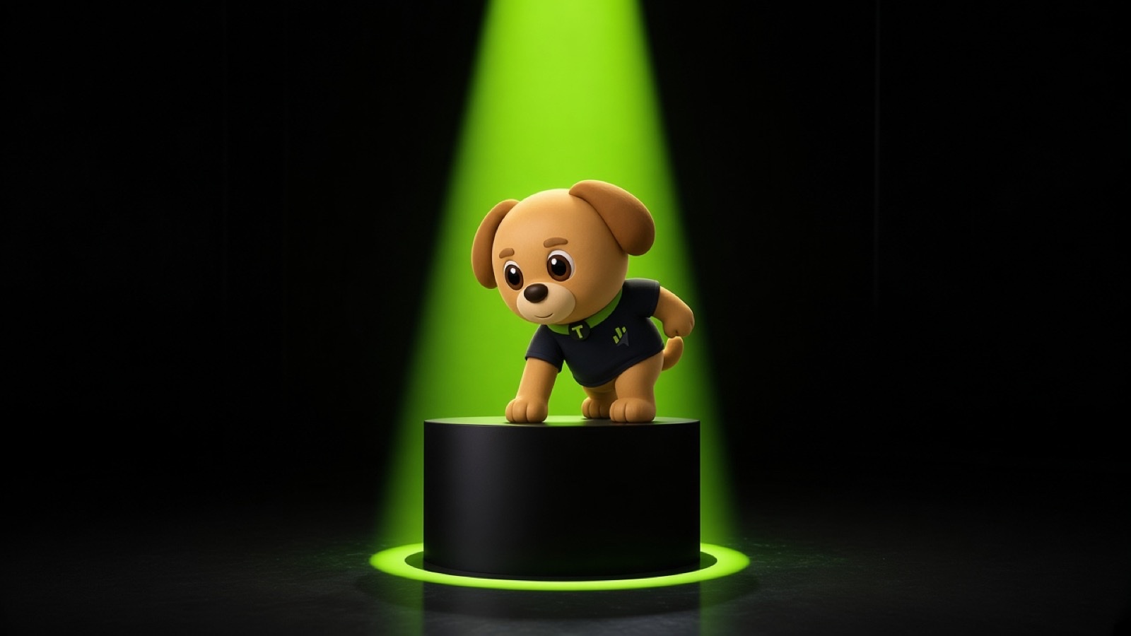 Milo＊ stepping onto a matte-black pedestal under a lime-green spotlight in a dark studio, representing a brand entering the light