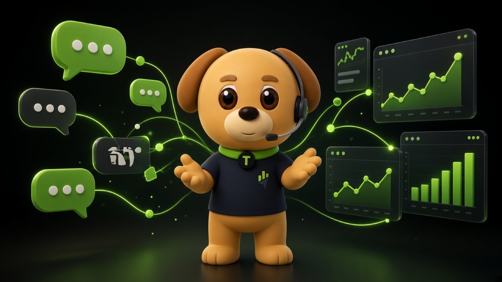 Milo＊ wearing a headset between lime speech bubbles and glowing data dashboards, representing close communication supported by data