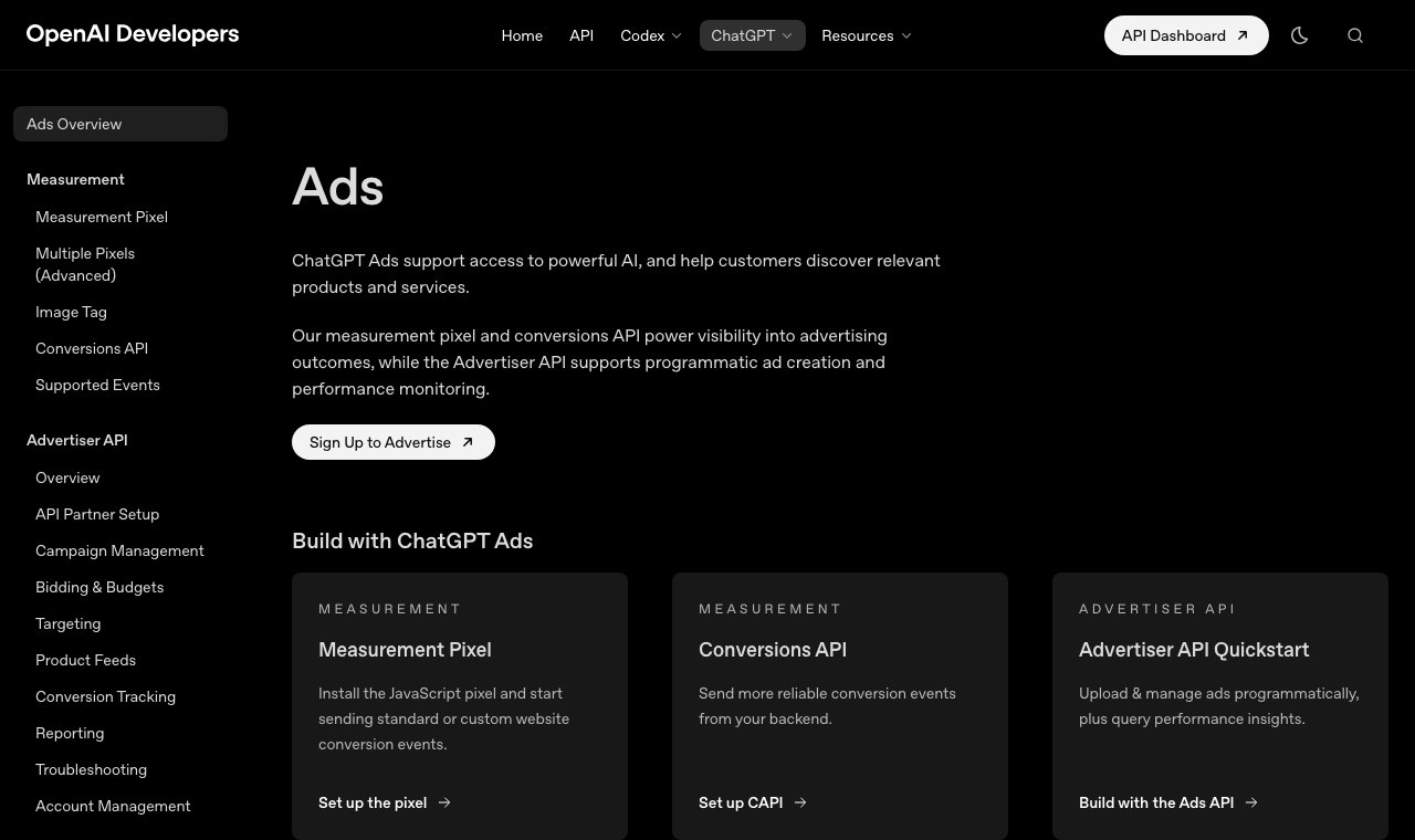 OpenAI Developers 的 ChatGPT Ads 總覽:量度像素、轉換 API 與廣告主 API