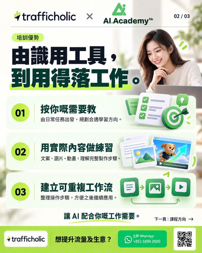 培訓優勢：按需要教學、用實際內容練習、建立可重複工作流