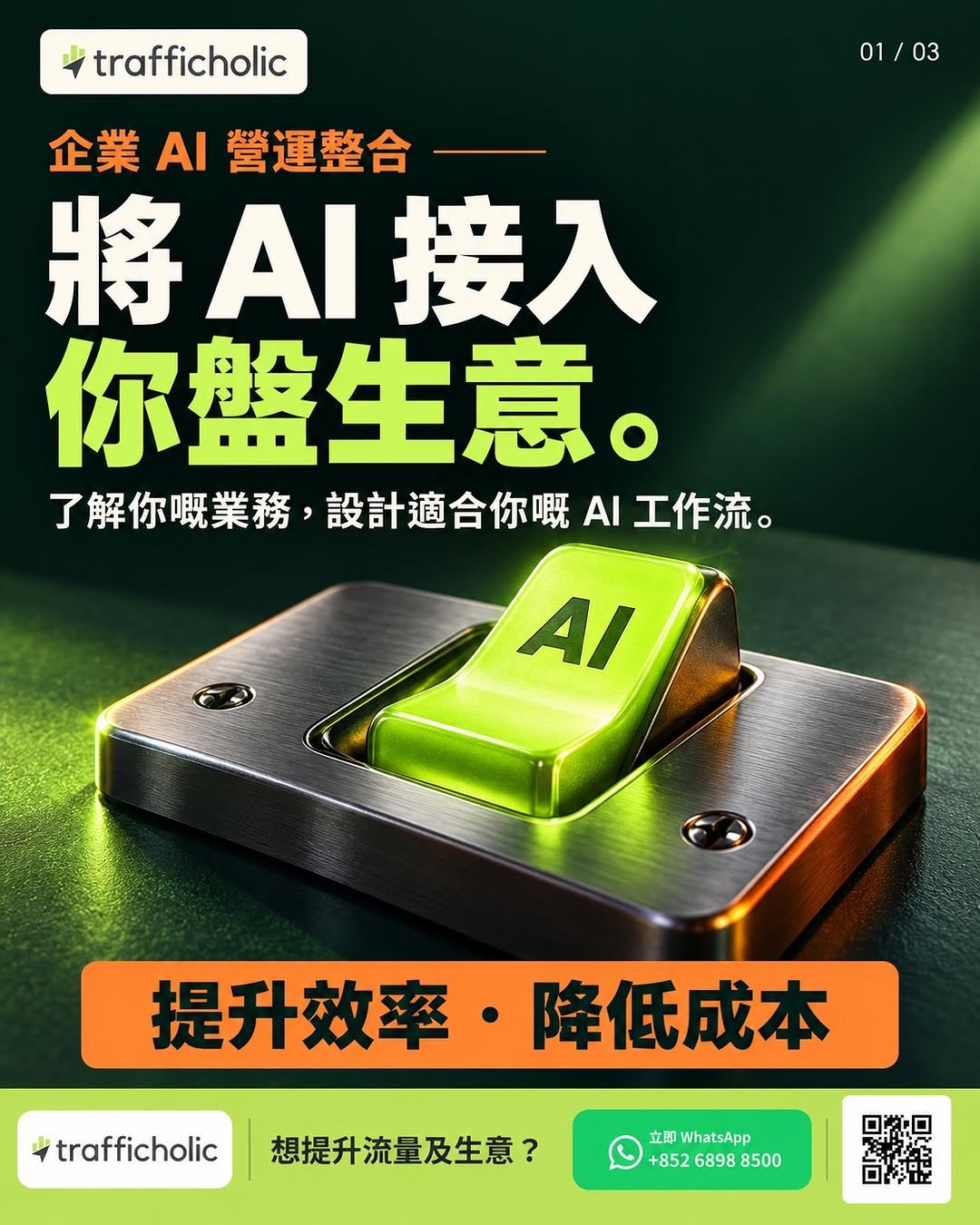 企業 AI 營運整合服務海報：將 AI 接入你的生意，提升效率並降低成本