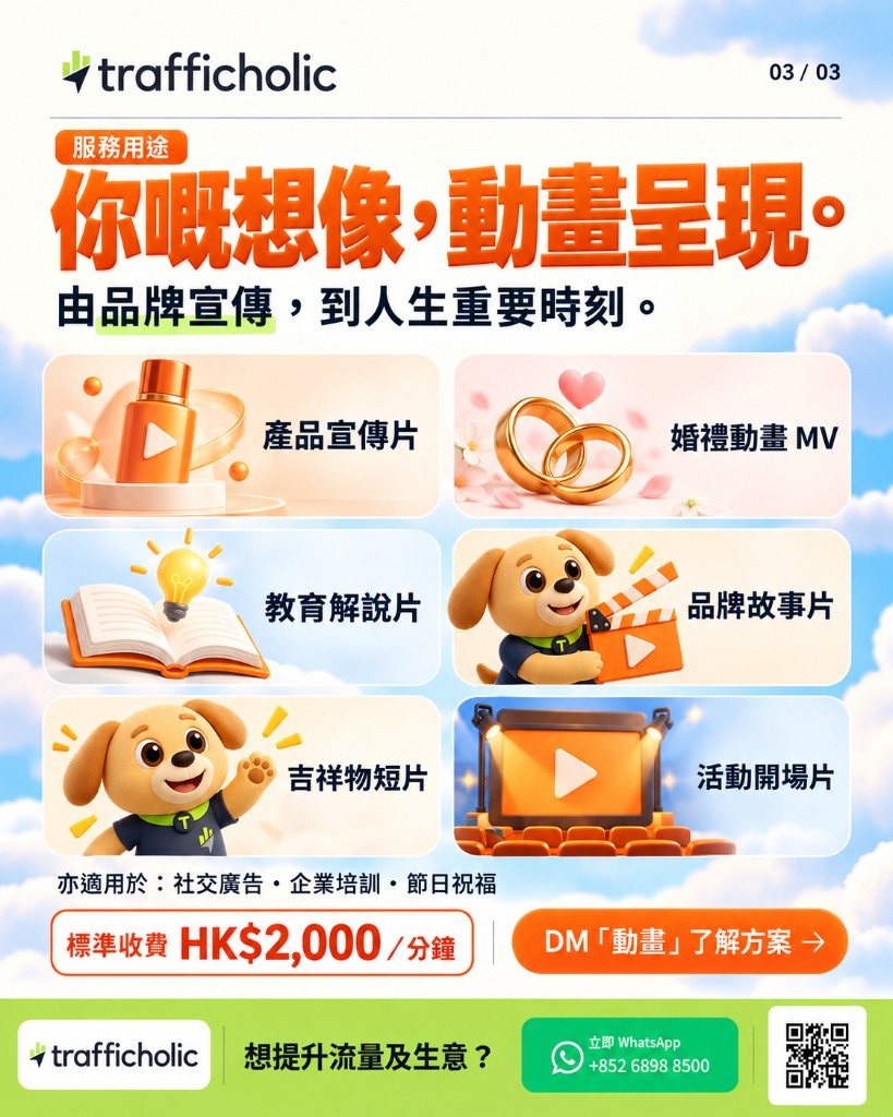 動畫用途海報：產品宣傳片、婚禮動畫、教育解說、品牌故事、吉祥物短片與活動開場