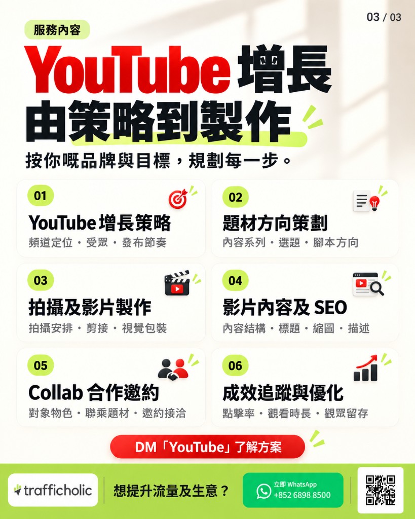 YouTube 服務由策略到製作：增長策略、題材方向、拍攝與剪接、影片搜尋優化、合作邀約、成效追蹤