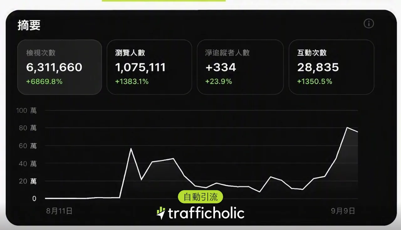 自動引流成效：近三十日 Instagram 檢視次數 6,311,660、瀏覽人數 1,075,111